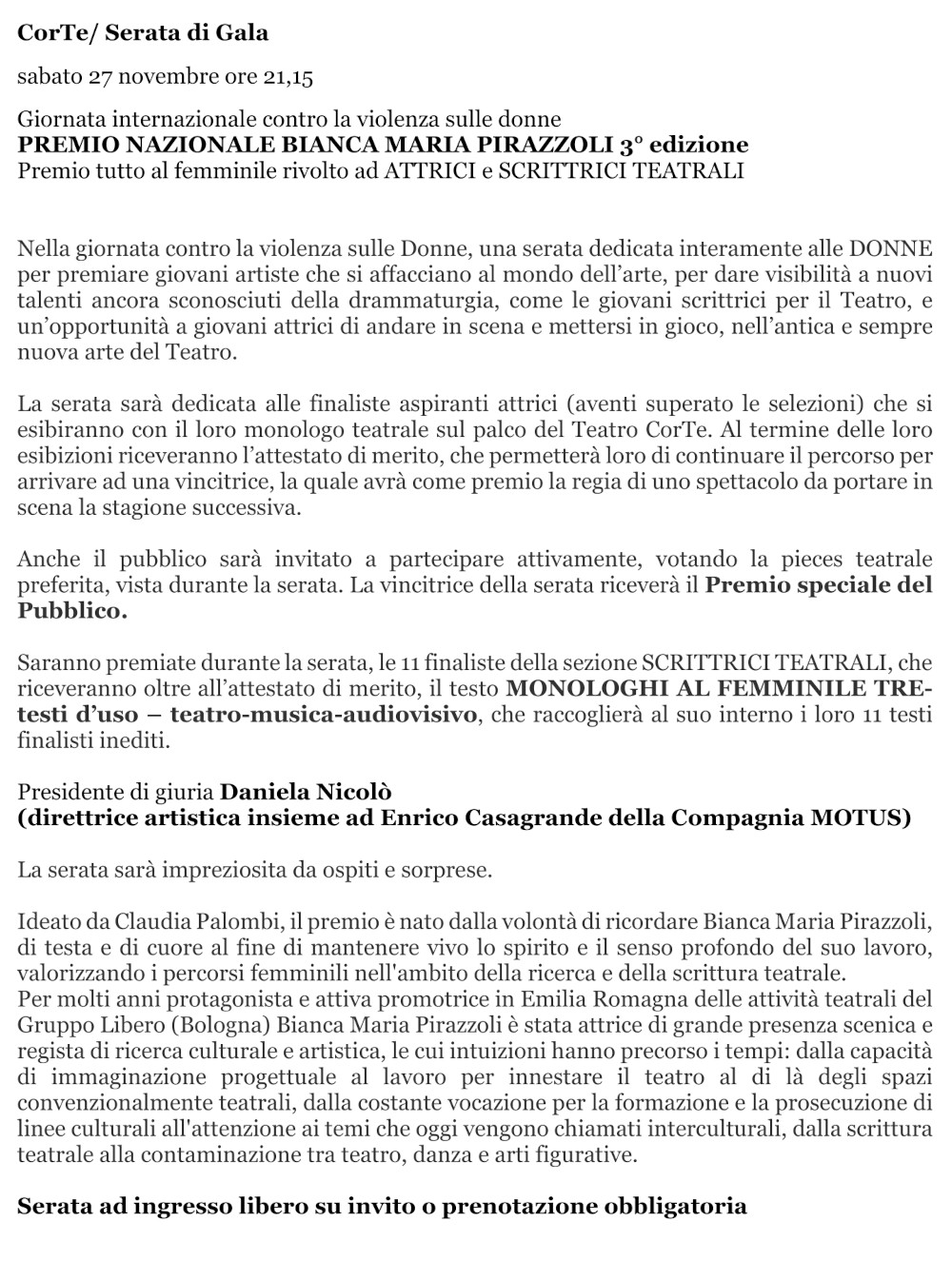 PREMIO NAZIONALE BIANCA MARIA PIRAZZOLI 